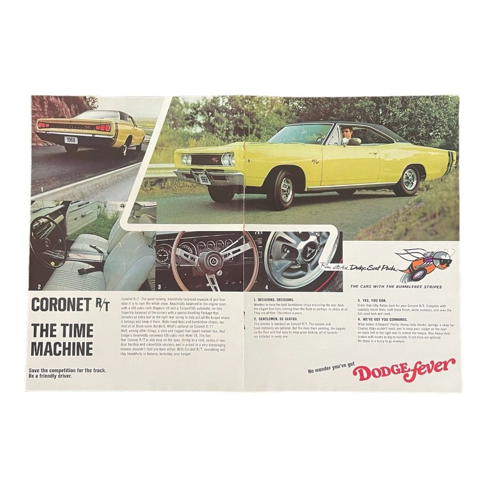 1968 Dodge Coronet R/T Magnum V8 Vintage Print Ad Poster 16x10Man Cave Wall Art